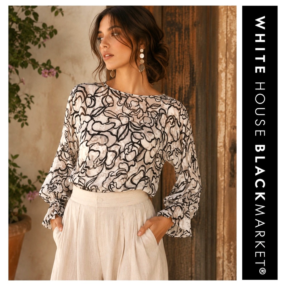 WHBM White Black Silk Blend Floral Burnout Sheer Long Sleeve Career Blouse S